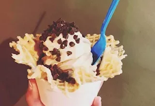 Waffle bowl with vanilla ice cream & chocolate chips